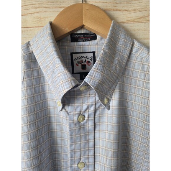 Faconnable Button Down Shirt Mens Large Blue Checkered Long Sleeve Cotton France - Picture 2 of 11